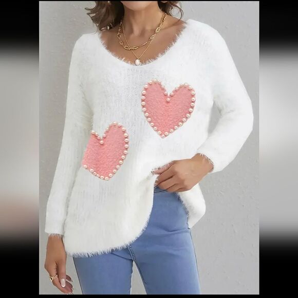 Cute white fuzzy pink heart beaded pearls sweater small - Picture 1 of 2